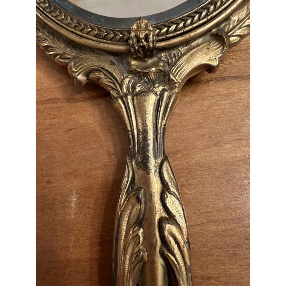 Antique Victorian Gilt Brass Vanity Set Mirror & Brush Matching Guilloché c.1900 - Picture 7 of 12